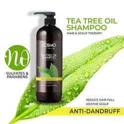 Cosmo Hair Naturals Tea Tree Oil Shampoo bottle placed on a background featuring a fresh green tea tree leaf with water droplets. The label highlights 'Anti-Dandruff,' 'Reduce Hair Fall,' 'Soothe Scalp,' and 'Free of Sulfates & Parabens.' A green circle with 'No Sulfates & Parabens' is displayed alongside the bottle. The text promotes Tea Tree Oil Shampoo as a hair and scalp therapy product.