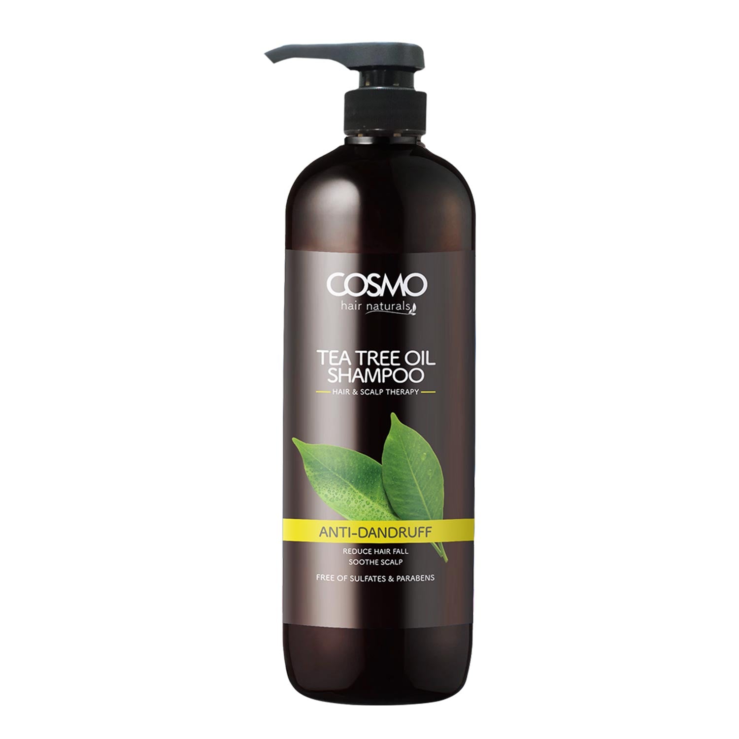 A single bottle of Cosmo Hair Naturals Tea Tree Oil Shampoo with a black pump dispenser, featuring green tea tree leaves on the label. The bottle promotes 'Anti-Dandruff,' 'Reduce Hair Fall,' 'Soothe Scalp,' and highlights being 'Free of Sulfates & Parabens.' The product is designed for hair and scalp therapy.