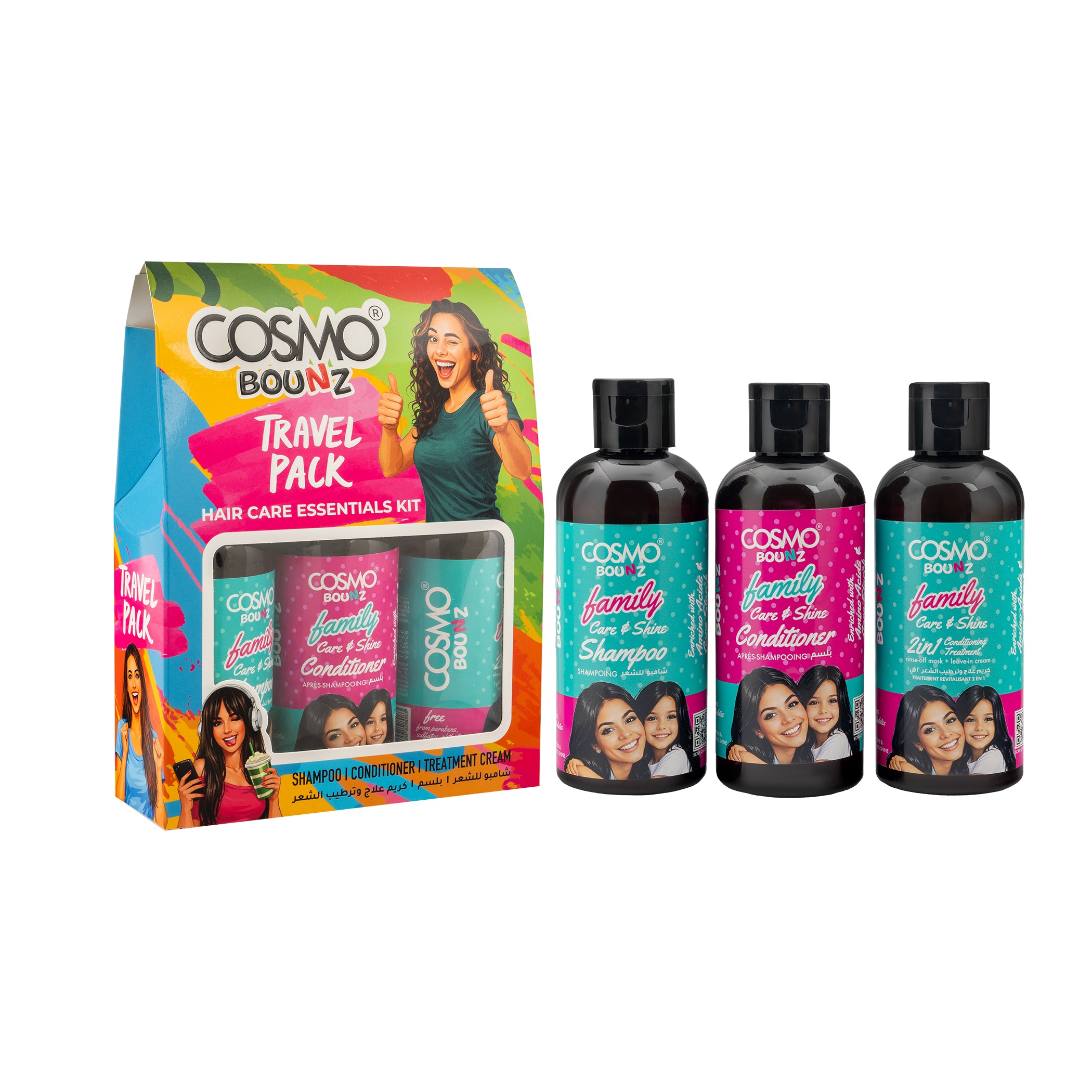 Travel Pack Hair Care Essentials Kit ( Bounz Family Care & Shine Shampoo, Conditioner, 2in1 Conditioning Treatment)